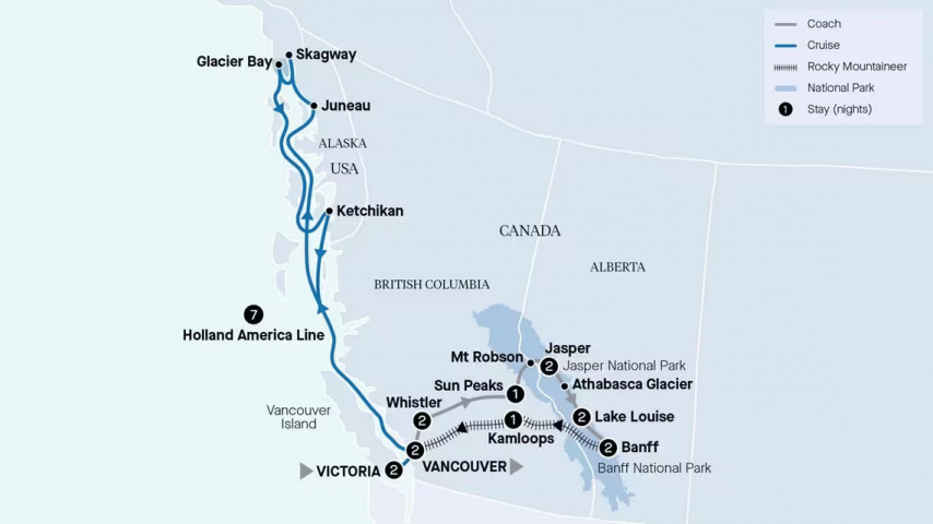 Map of Rockies Odyssey & Alaska Cruise 2025