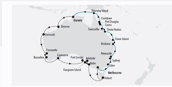 Map of Grand Australia 2025 with Silversea