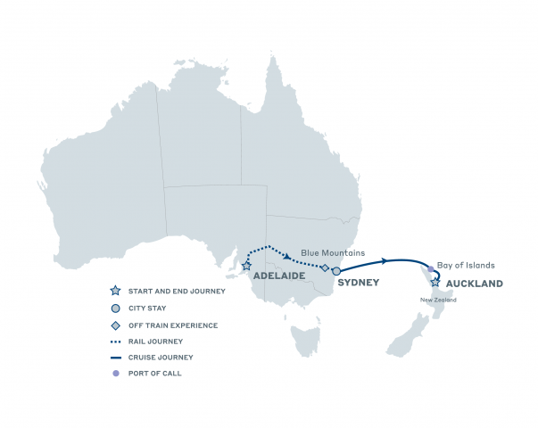 Map of Adelaide to Auckland Rail & Sail