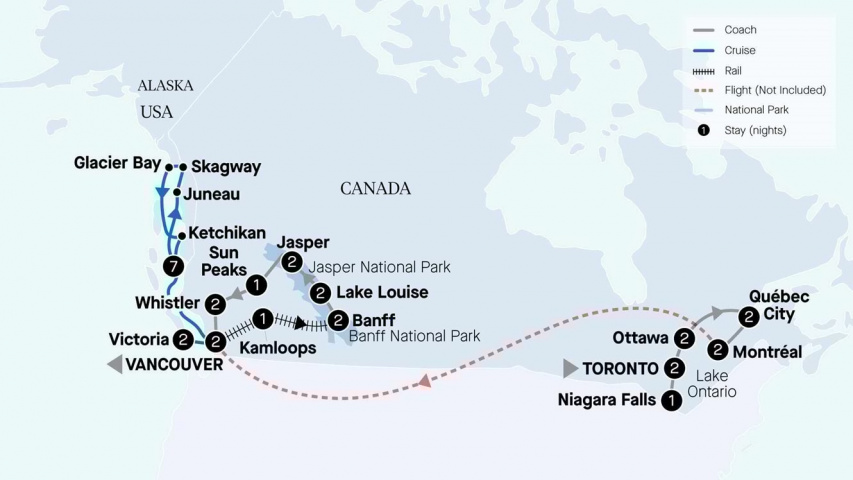 Map of Eastern Canada, Rockies Odyssey and Alaska Cruise