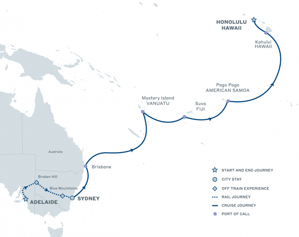Map of Adelaide to Hawaii Rail & Sail