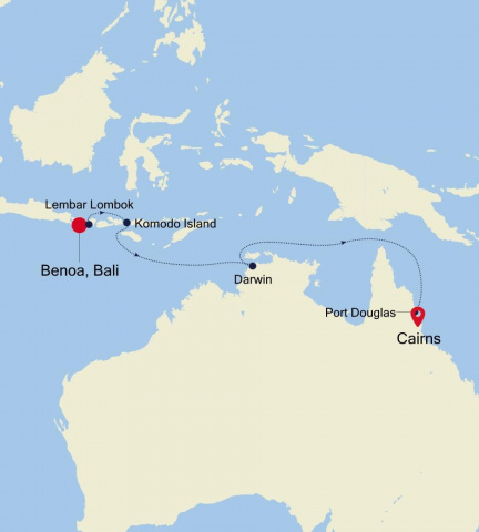 Map of Bali to Cairns in Luxury