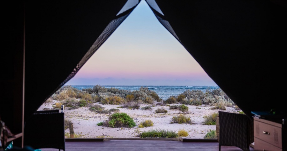 Sal Salis_Camp-Tent interior-view from bed-sunrise
