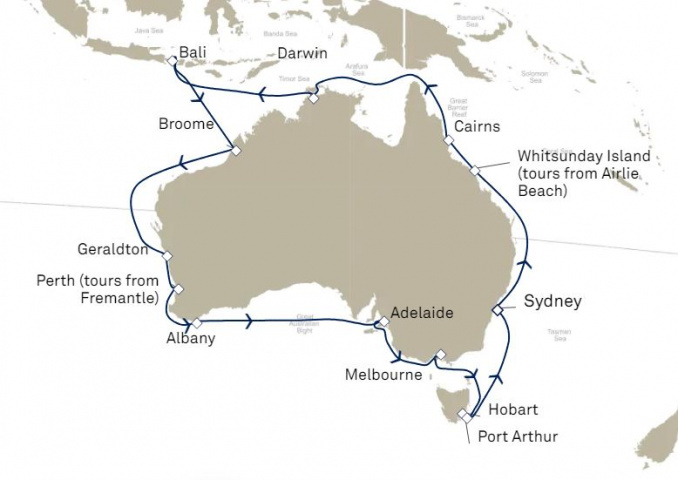 Map of Cunard Australian Circumnavigation